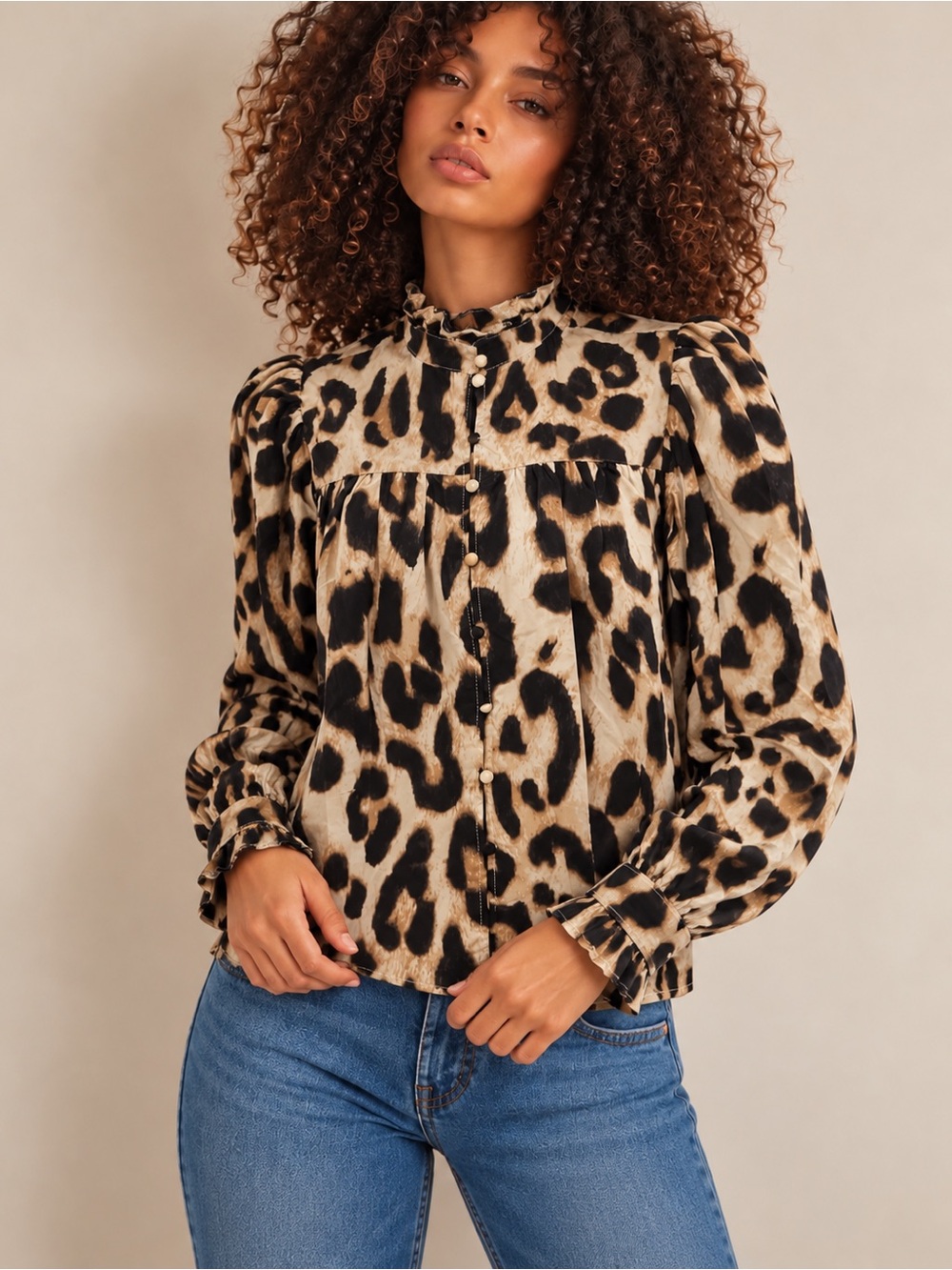 H&M Women’s Leopard Print Blouse M Ruffle High Neck Puff Sleeve NWT